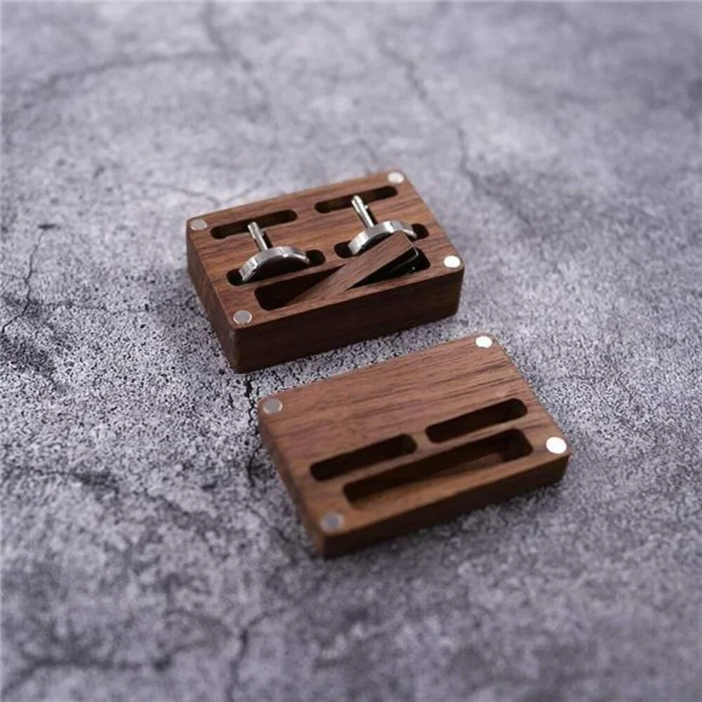 Mens Walnut Wood Cufflinks Tie Clip Set Stainless Steel Gift Box Wedding